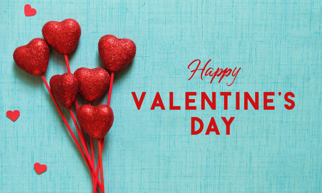 Happy Valentine's Day graphic on blue background with holiday text.  Red hearts arranged for banner full of love.