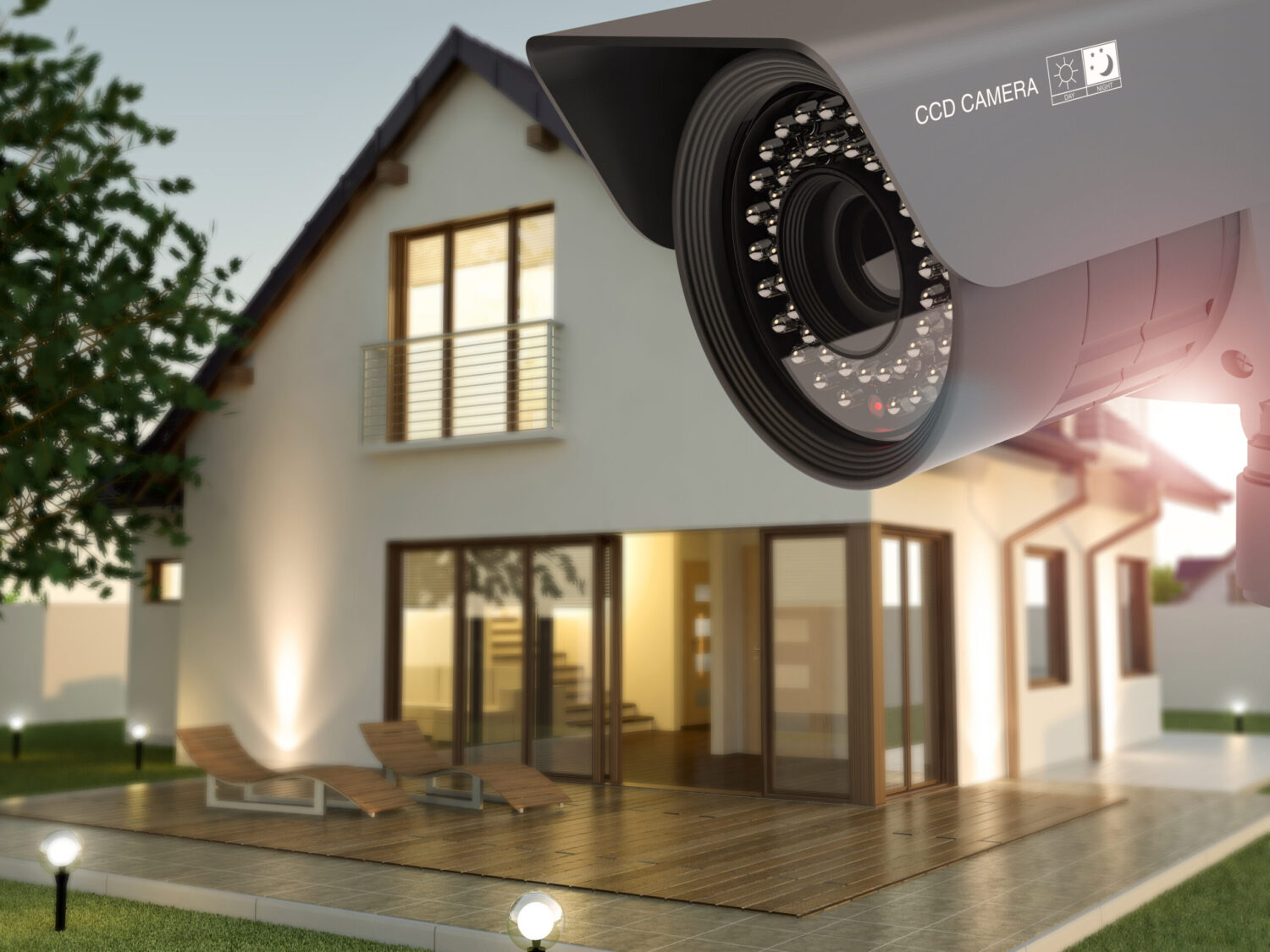 Security camera and home in the evening