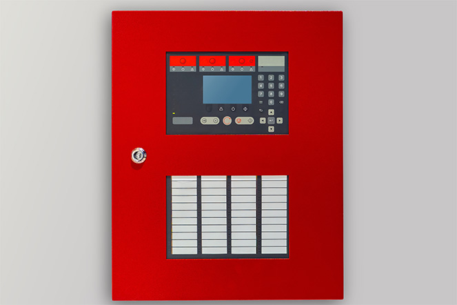 Fire panel with buttons and sensors. Red panel for fire safety control. Fire panel on a light background. Safety control equipment. Concept - sale of security control systems. Anti flame equipment