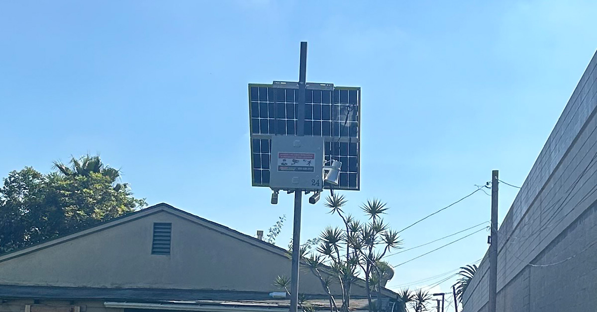Live video monitoring sign and ValleyGuard camera at a Los Angeles jobsite to stop theft