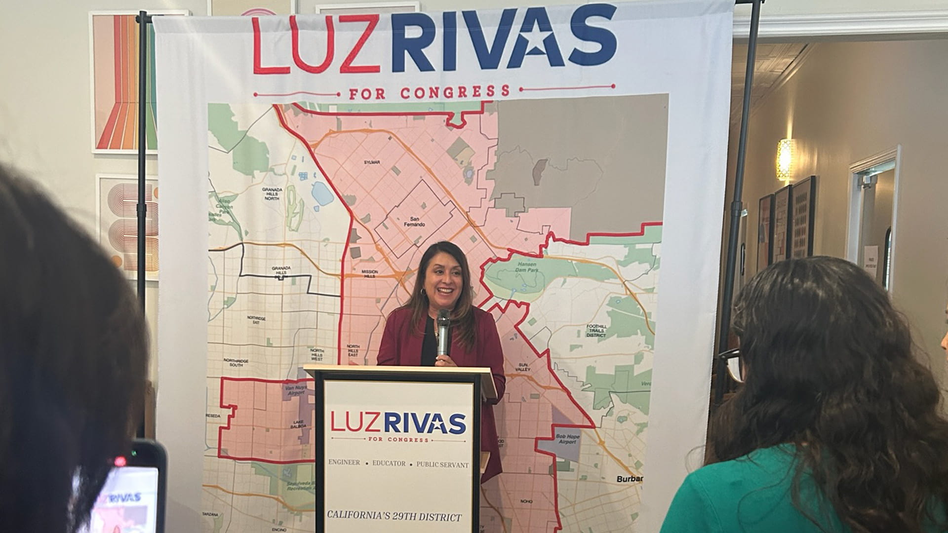 Congresswoman Luz Rivas Addresses San Fernando Residents – June 2025 Congresswoman Luz Rivas speaking at a town hall event in San Fernando, California in June 2025.