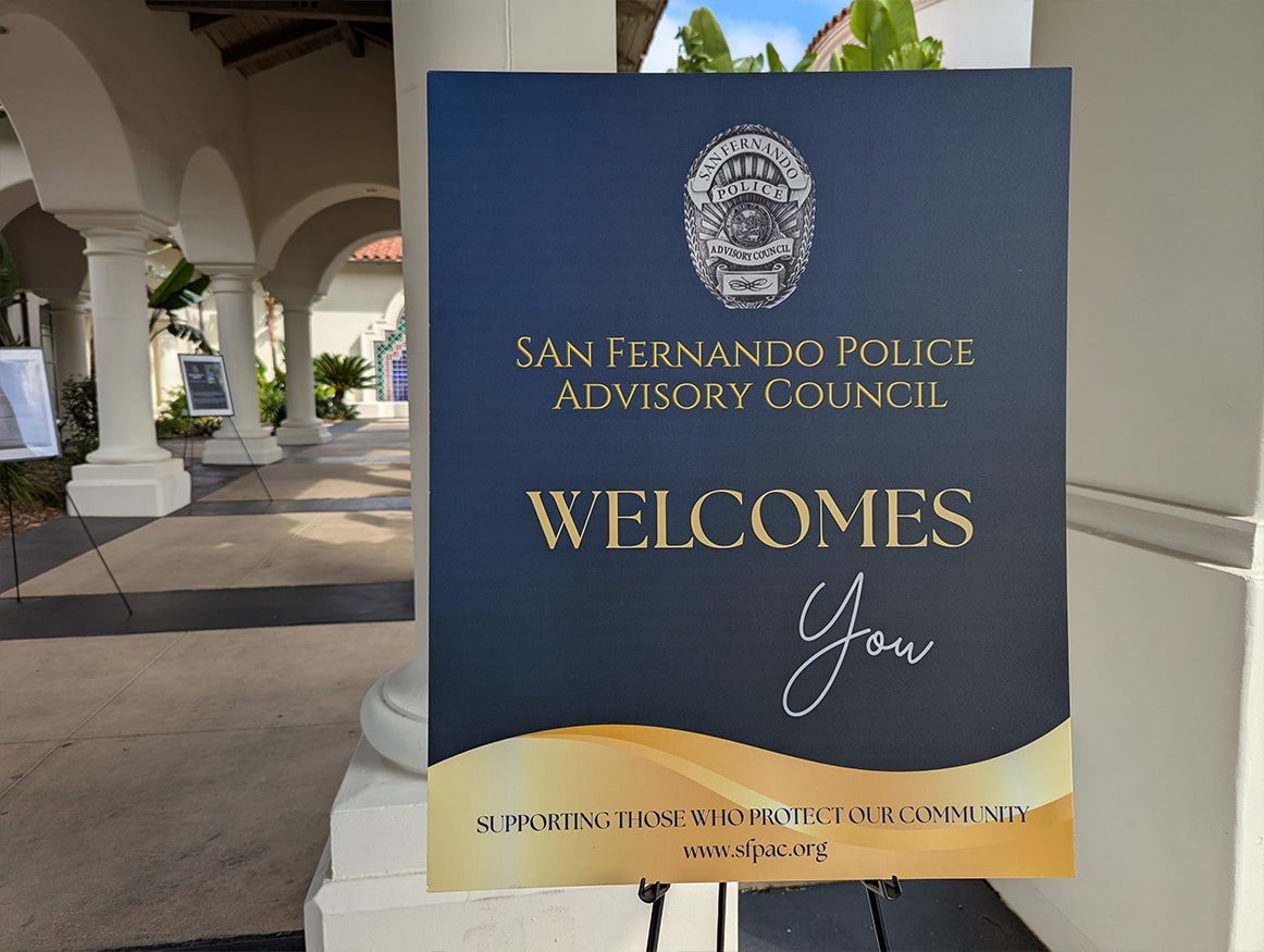 San Fernando Police Advisory Council welcome sign at the 2025 Memorial Golf Tournament