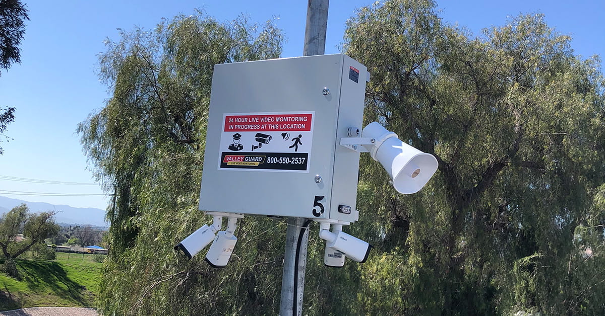 ValleyGuard pole-mounted cameras and speaker for live video monitoring to stop jobsite theft in Los Angeles