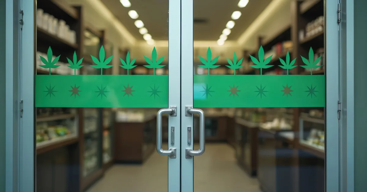 new dispensary security setup glass entrance doors with cannabis leaf decals and interior shelving visible