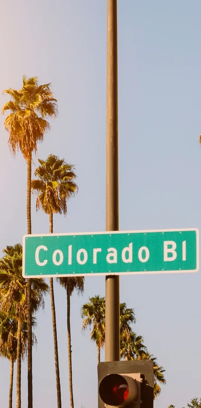Colorado Boulevard street sign and palm trees in Pasadena, CA